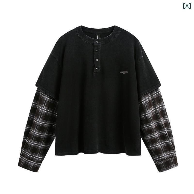 Tシャツ メンズ 長袖 重ね着風 チェック柄 ビッグシルエット ヘンリーネック 切替 ダメージ加工 ヴィンテージ風 コットン ロンT カジュアル トップス 春秋 ゆったり 大きいサイズ おしゃれ プルオーバー ストリート ワーク