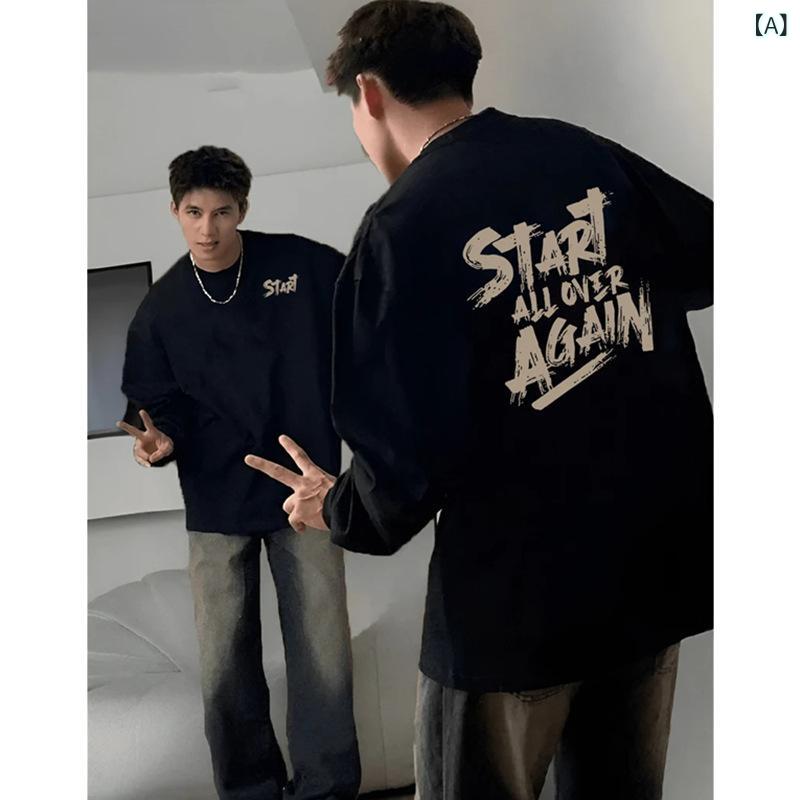 Tシャツ メンズ 長袖 ロンT コットン オーバーサイズ 厚手 ヘビーウェイト アメカジ 無地 クルーネック トップス 春物 カジュアル ストリート ビッグシルエット ゆったり 大きいサイズ ブラック 綿 丸首 ティーシャツ