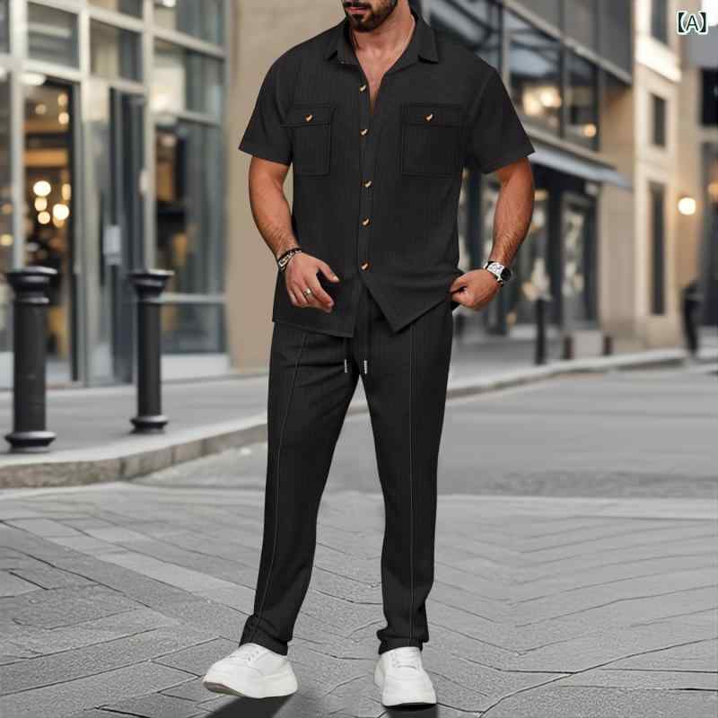セットアップ メンズ 半袖 シャツ ロングパンツ 上下セット 無地 ボタン ポケット付き 夏用 カジュアル ルームウェア 紳士服 大きいサイズ 部屋着 通気性 リラックスウェア オーバーサイズ ワンマイルウェア