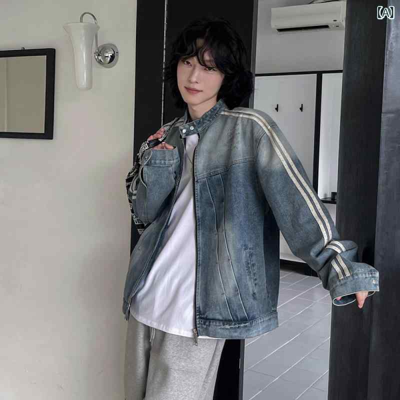 ジーンズ上衣 メンズ 春物 アウター 心地好い 照明ランプ色つや 厚地の外套大きさ 落っこちる肩先 ウォッシュ製作 普段着 通学 お出かけ用 ライトアウター 細工物上衣 上衣 前掛け