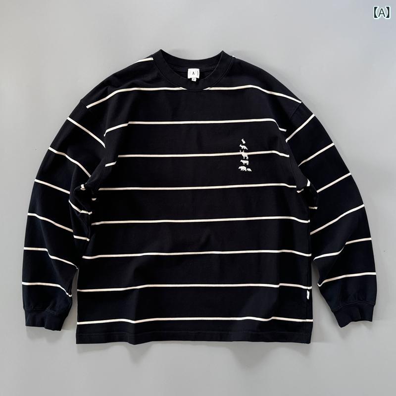 Tシャツ メンズ 長袖 ストライプ ロンT コットン混 クルーネック ビッグシルエット 厚手 重ね着風 ゆったり 体型カバー カジュアル トップス 普段着 秋服 春服 インナー 着回ししやすい