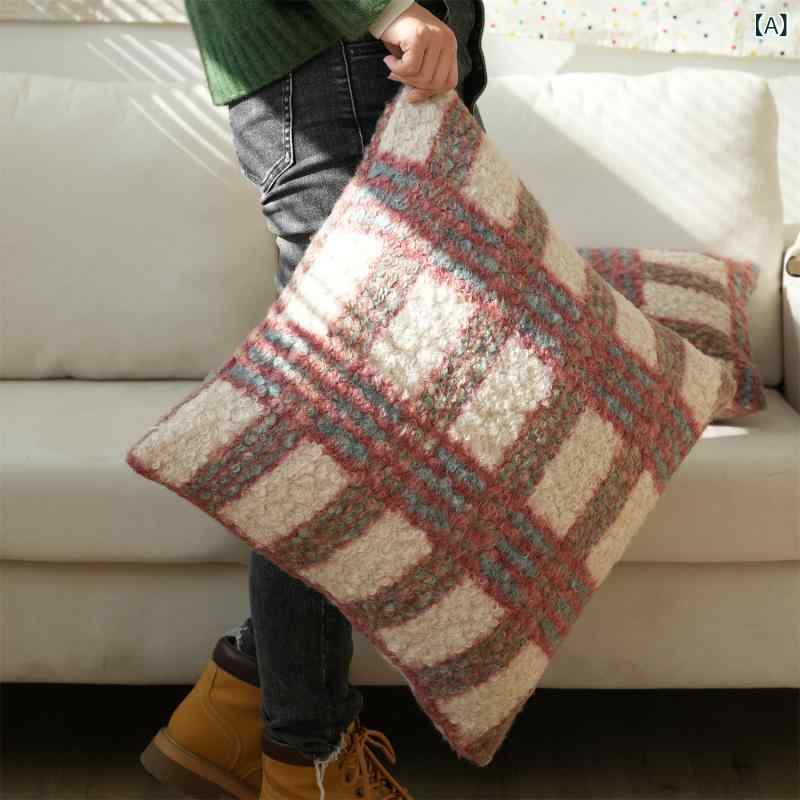 クッションカバー 北欧 チェック柄 もこもこ 45×45cm 羊毛風 ボア素材 赤 青 バイカラー ソファ 背当て インテリア 雑貨 模様替え リビング 寝室 ベッド 枕カバー おしゃれ かわいい 厚手 暖かい 正方形