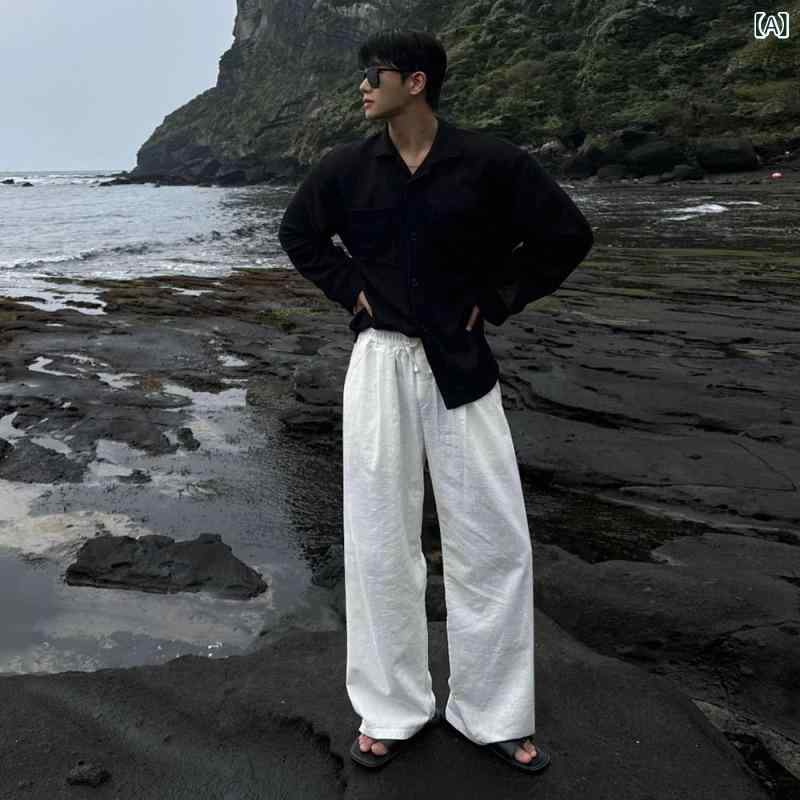 ワイドパンツ メンズ リネン 麻 ストレート カジュアル ボトムス ロングパンツ ゆったり 無地 ウエストゴム 涼しい 通気性 春夏 部屋着 普段着 シンプル 長ズボン 薄手 快適 さらさら 清涼