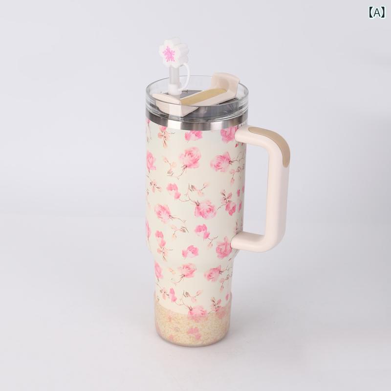タンブラー 保冷 保温 大容量 ステンレスボトル 12L 40oz 持ち手付き ストロー付き 真空断熱 豹柄 レオパード柄 車載用 ドリンクホルダー対応 蓋付き アウトドア キャンプ 魔法瓶 水筒 オフィス ドライブ