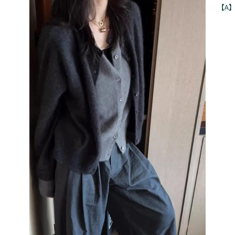 ジレー レディース メリノウール 100% 羊毛 長袖 フェイクレイヤード 労働者の一団素っ首 執務室 事務 通い 通学 トップス 編み物 スウェーター 羽織り 秋冬 防寒 生あたたかい 薄墨色 無地 心地好い 分かりやすい