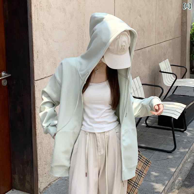 パーカー レディース ジップアップ ショート丈 フーディー 春秋 アウター 長袖 前開き 羽織り トップス ゆったり 無地 ミント グリーン カジュアル スウェット シンプル 部屋着 ワンマイルウェア リラックスウェア