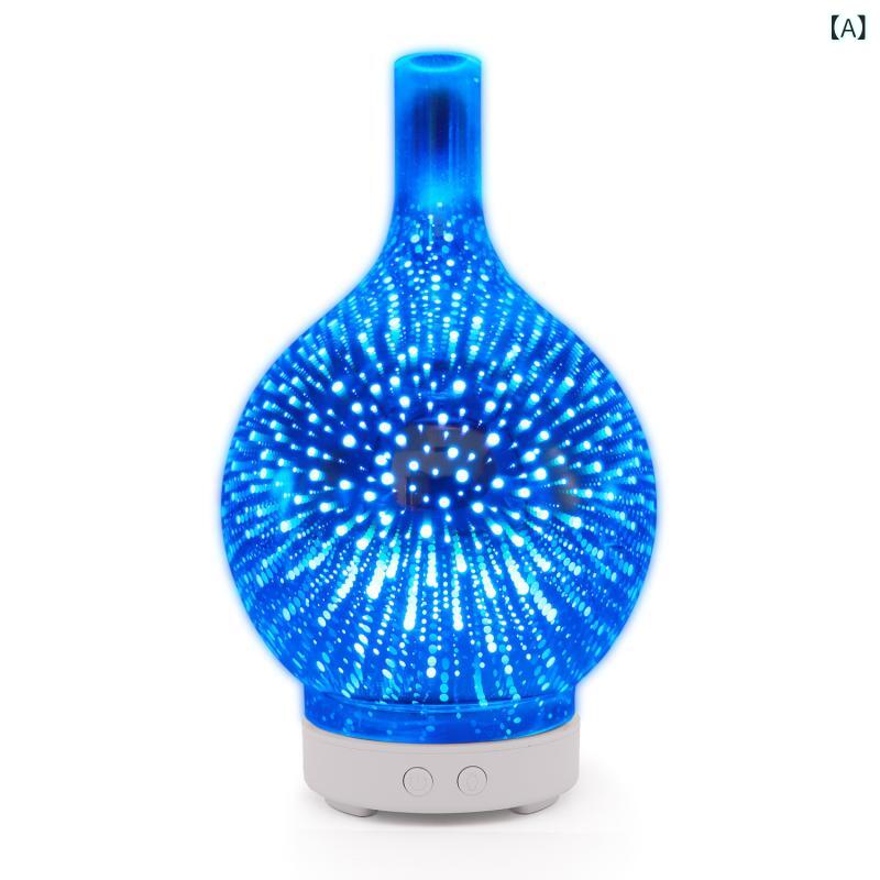 アロマディフューザー 加湿器 卓上 音波式 3Dガラス瓶型 花火 7色LEDライト 100ml イルミネーション 静音設計 アロマランプ 間接照明 寝室 リビング インテリア ガラス製 アロマオイル対応