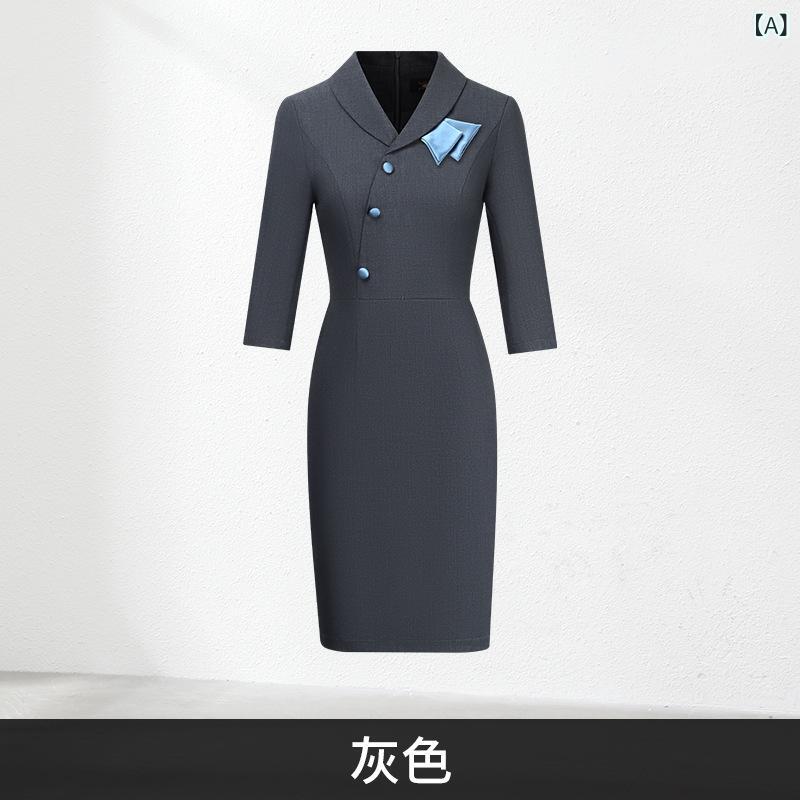 ワンピース レディース 事務服 制服 膝丈 七分袖 タイト ビジネス 受付 営業 ホテル フロント 接客 冠婚葬祭 セレモニー ママ 母 入学式 卒業式 オフィス ウェア 大きいサイズ フォーマルウェア ウォッシャブル|mandarino