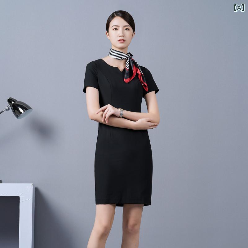 ワンピース レディース 制服 事務服 仕事着 タイトワンピース 半袖 膝丈 スリット入り オフィス ビジネス 受付 接客 キャビンアテンダント フォーマル パーティー ドレス 大きいサイズ 春夏 秋