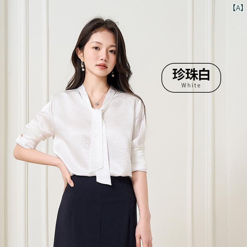 ブラウス レディース サテン アセテート 長袖 シャツ 厚手 オフィス トップス とろみのある光沢素材 無地 ゆったり 大きいサイズ 体型カバー 事務服 仕事 通勤 フォーマル シンプル 前開き 襟付きシャツ