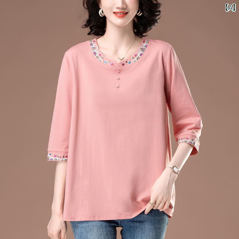 Tシャツ レディース 七分袖 大きいサイズ カットソー 刺繍 綿100% コットン ゆったり 体型カバー 春夏 秋 トップス プルオーバー シンプル カジュアル 無地 ミセス 婦人服 ティーシャツ 丸首 インナー 部屋着