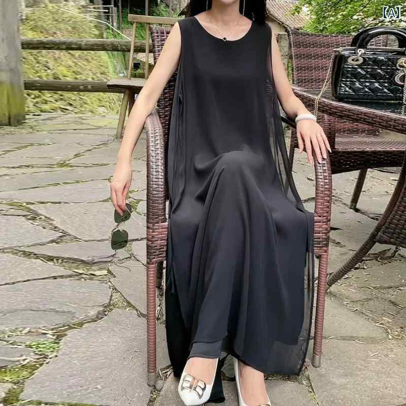 ワンピース レディース ロングワンピース ノースリーブ レイヤード風 Aライン フレア マキシ丈 大きいサイズ ゆったり 無地 ウエストリボン 体型カバー シンプル カジュアル 春夏 秋 大人 おしゃれ 部屋着 お出かけ 涼しい｜mandarino