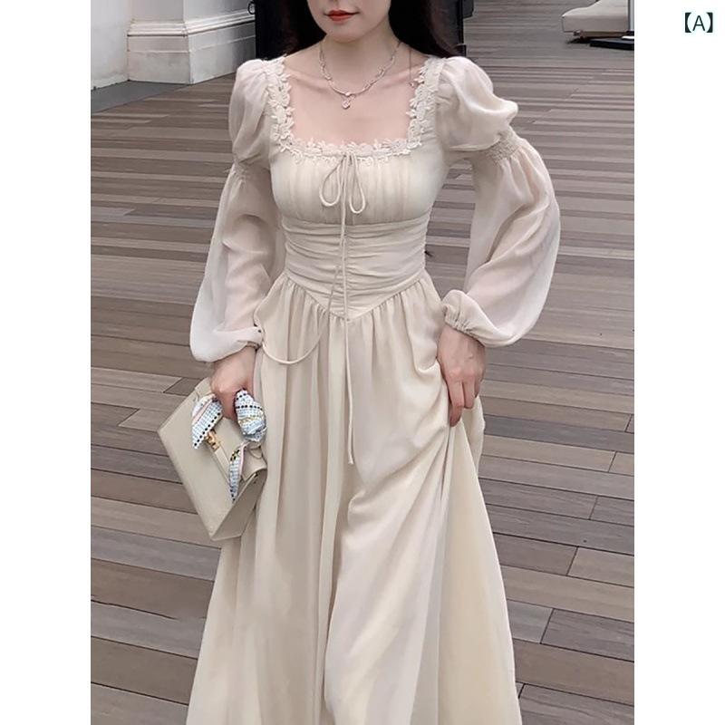 ワンピース レディース ロング 長袖 スクエアネック Aライン シフォン フレア マキシ丈 裏地付き 透け感 春物 春服 体型カバー カジュアル フォーマル お呼ばれ デート 二次会 パーティー 披露宴 結婚式 旅行 女子会