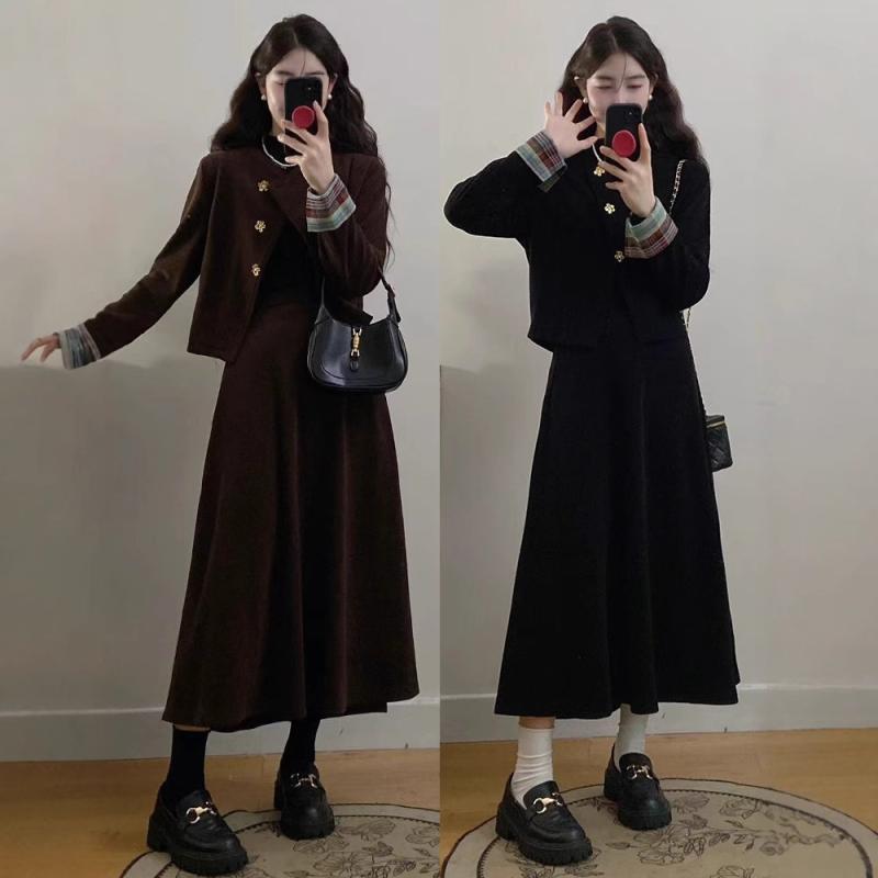 セットアップ レディース 大きいサイズ 2点セット コーデュロイ 上下セット 配色 バイカラー ツイード調 春服 秋服 体型カバー ゆったり 大人 4L 5L 長袖 スカートスーツ カジュアル 参観日 通勤 通学