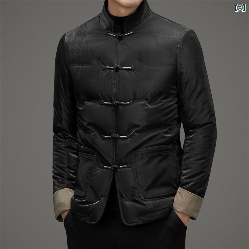 ダウンジャケット メンズ チャイナ風 スタンドカラー 唐装 ジャケット 冬服 アウター 防寒 厚手 暖かい 中綿 羽織り 上着 無地 紳士 男性 トップス カジュアル シンプル 大きいサイズ ゆったり 寒さ対策 保温