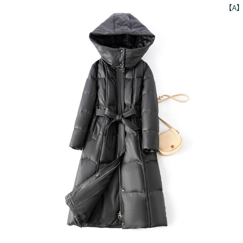 ダウンコート レディース 革 ロング丈 フード付き フォックスファー 防寒着 冬服 アウター レザーコート リアルレザー 羊革 羽毛 暖かい Aライン 大きいサイズ 撥水 通勤 LL 3L 4L 高級感 ボリューム感｜mandarino