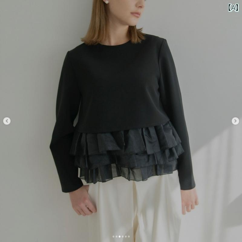 スウェット レディース 重ね着風 チュール 異素材 切替 プルオーバー 長袖 ゆったり クルーネック レイヤード トップス カットソー 無地 春秋 カジュアル 大きいサイズ 楽ちん 体型カバー