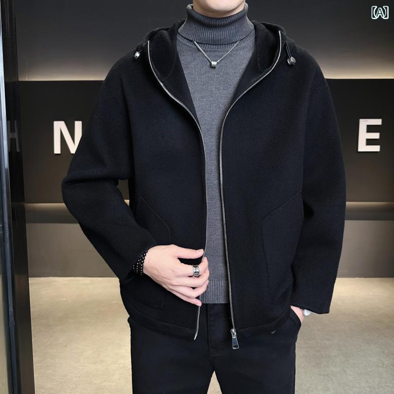 ウールコート メンズ 羊毛 フード付き ジャケット ショート丈 ダブルフェイス 防寒 春秋冬 カジュアル ビジネス 紳士 上着 ライトアウター 通勤 通学 シンプル 無地 羽織り おしゃれ 暖かい 軽量 快適