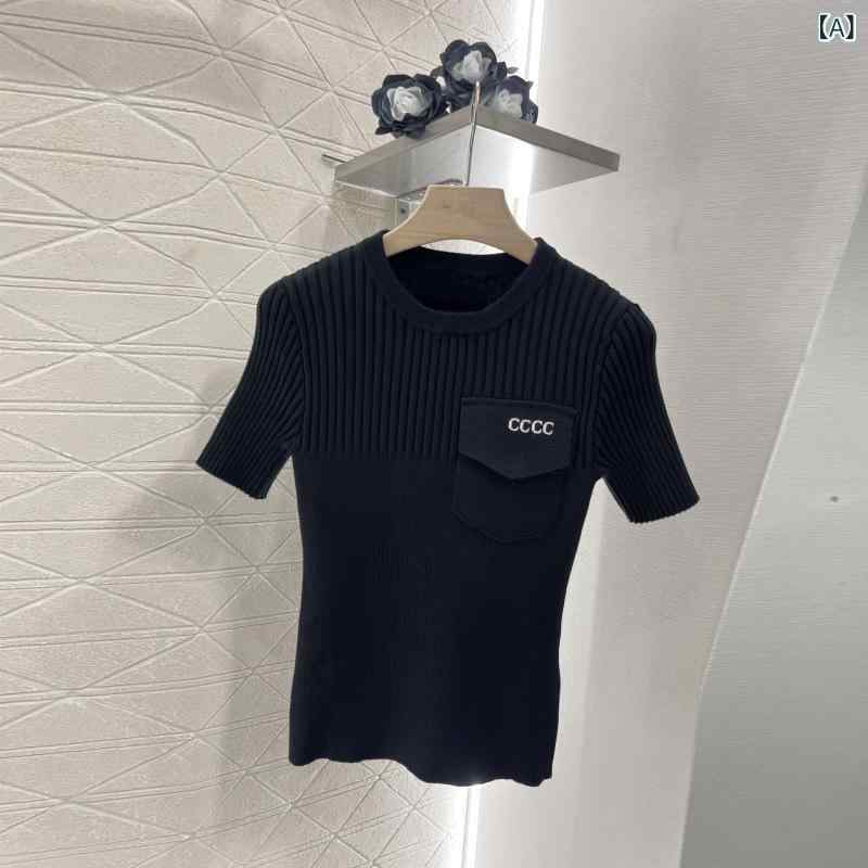 Tシャツ レディース ロゴ刺繍 サマーニット 半袖 バイカラー クルーネック 配色 カットソー トップス スリム ストレッチ 涼しい 春夏 カジュアル 普段使い お出かけ 通学 通勤 プルオーバー 丸首 重ね着 インナー 柔らかい