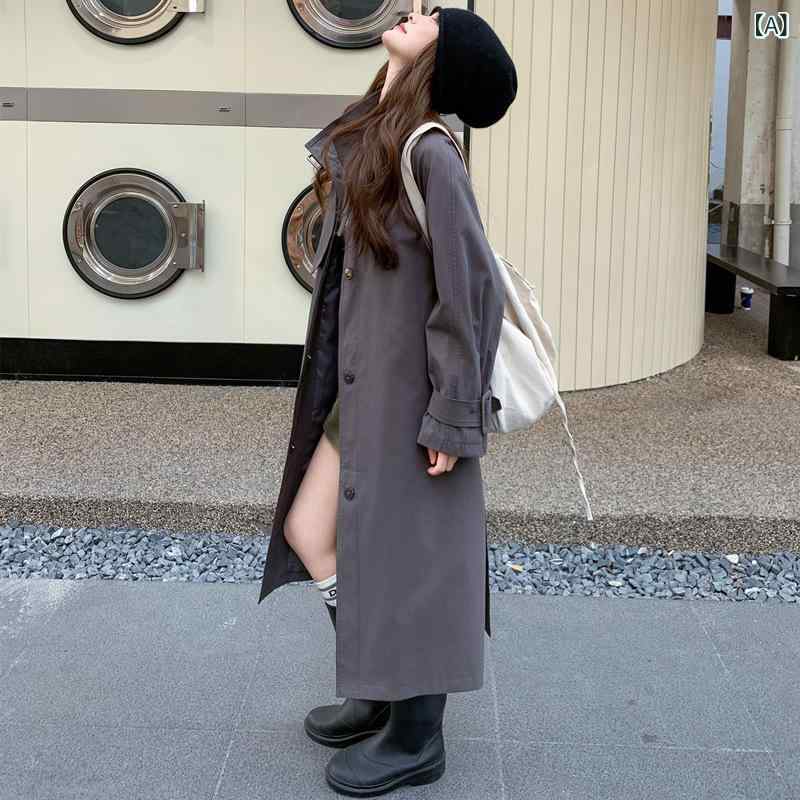 トレンチコート レディース スプリングコート ロング丈 アウター 春物 ライトアウター ゆったり オーバーサイズ グレー グレー 羽織り 通勤 通学 カジュアル シンプル 無地 裏地付き 定番 ベーシック 防寒 上着 スッキリシルエット