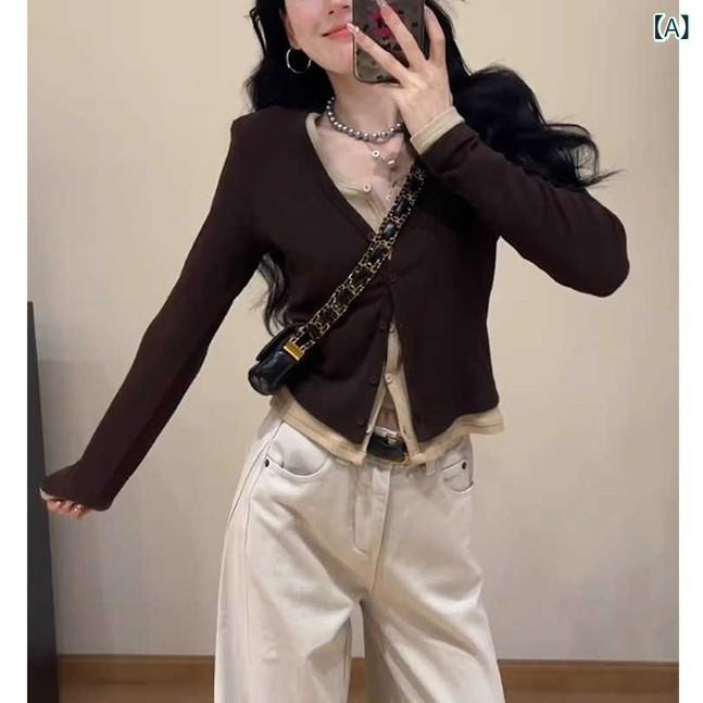 Tシャツ レディース Vネック 重ね着風 フェイクレイヤード 長袖 ショート丈 クロップド丈 トップス インナー 無地 ブラウン モカ カジュアル 春秋 ロンT カットソー プルオーバー レイヤード風