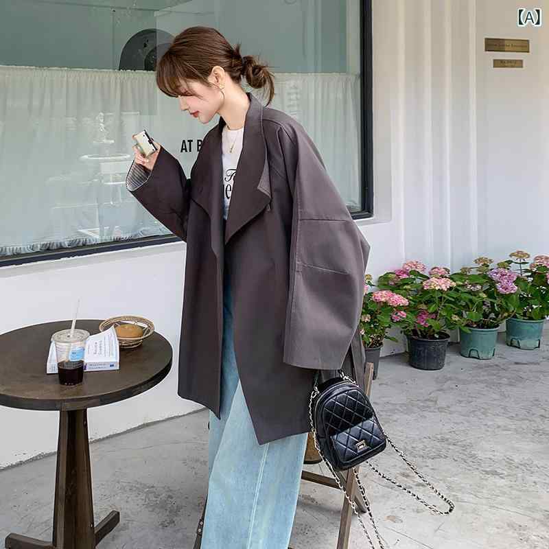 トレンチコート レディース アウター ロング丈 スプリングコート ゆったり グレー 春秋 カジュアル コート 襟付き 羽織り 上着 無地 通学 通勤 オフィス デイリー 秋服 春服 ライトアウター 着痩せ シンプル