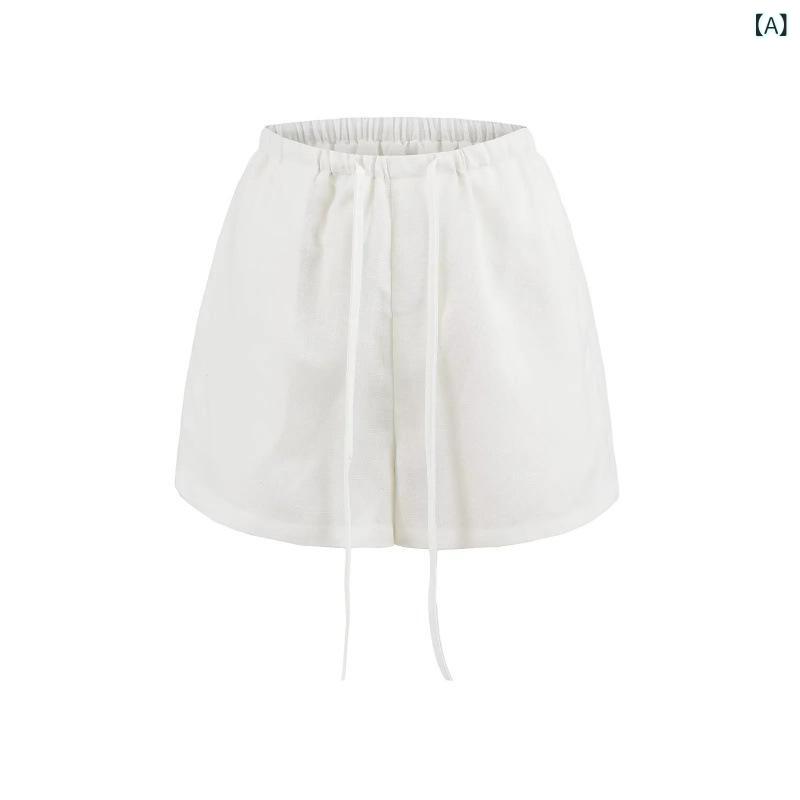 ショートパンツ レディース リネン混 ワイドパンツ 短パン 涼感素材 ハイウエスト ウエストゴム 紐付き Aライン 美脚 ゆったり カジュアルパンツ 無地 通気性 吸汗 速乾 夏用 ルームウェア 運動着 軽量