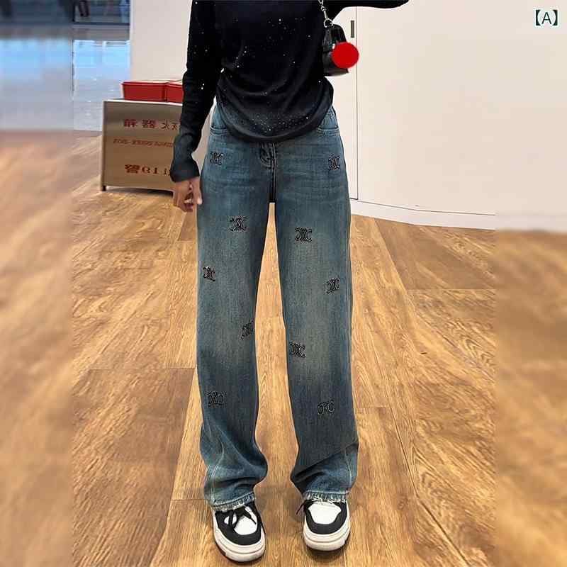 ワイドパンツ レディース デニム ジーンズ ストレート パンツ ?鑽 装飾 ロング丈 ハイウエスト ボトムス 体型カバー 動きやすい ストレッチ 春夏 秋 カジュアル 美脚 おしゃれ
