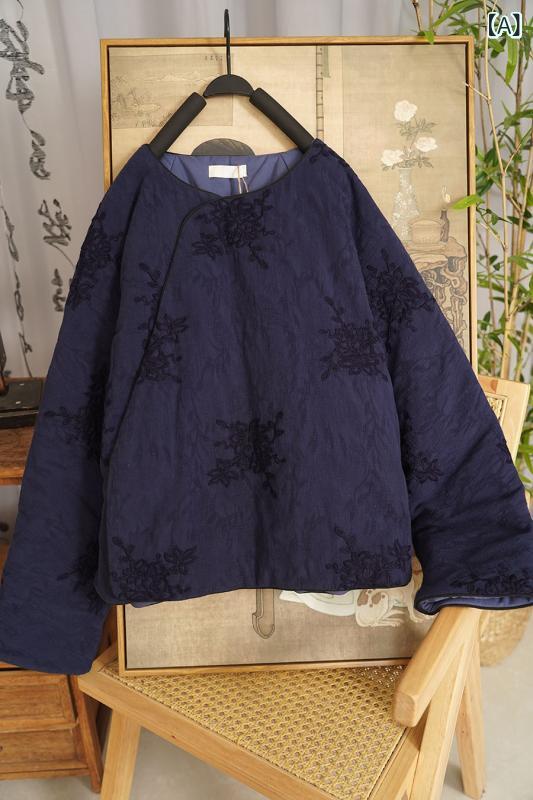 中綿ジャケット レディース 和風 刺繍入り レトロ調 スタンドカラー 斜めボタン ゆったり ショート丈 アウター 防寒 保温性 軽量 通学 通勤 旅行 アウトドア おしゃれ カジュアル シンプル