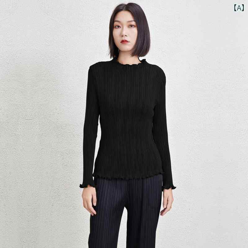 長袖Tシャツ レディース ハイネック プリーツ加工 メロウフリル インナー トップス 重ね着 カジュアル 伸縮性 通勤 通学 軽量 動きやすい インナーウェア