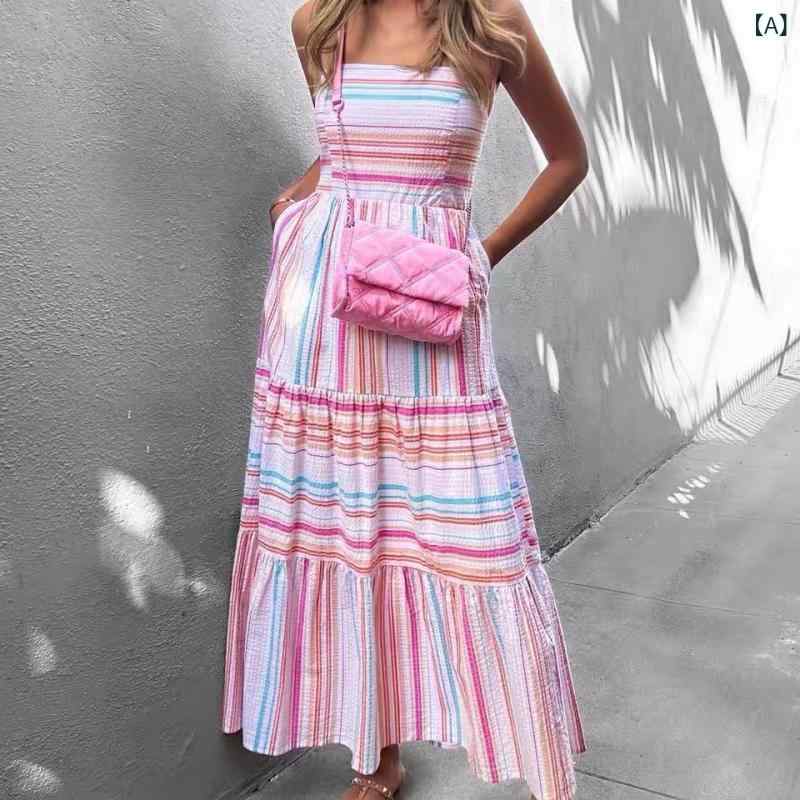 ワンピース レディース ストライプ ベアトップ ロング丈 ドレス ノースリーブ フレア Aライン 夏服 リゾート お出かけ 上品 大人かわいい 動きやすい 体型カバー 清楚 カジュアル デート 服