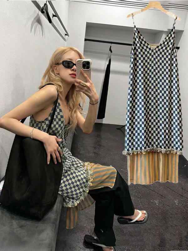 ワンピース レディース チェック柄 キャミワンピ ロング丈 ノースリーブ 切替 Aライン フレアシルエット コットン混 体型カバー 普段着 お出かけ 旅行 デート 収納しやすい ゆったりサイズ