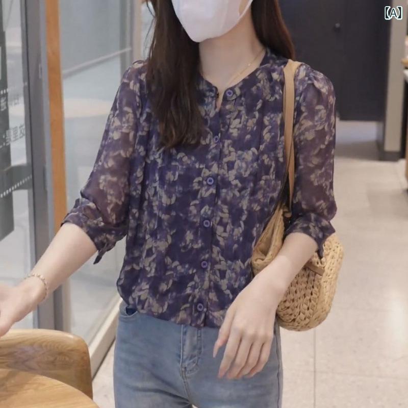 ブラウス レディース 半袖 シフォン 小花柄 Vネック トップス パフスリーブ フラワー プリント フリル レトロ フェミニン かわいい 通気性 涼しい お出かけ 夏服 軽やか 着回し 快適 夏