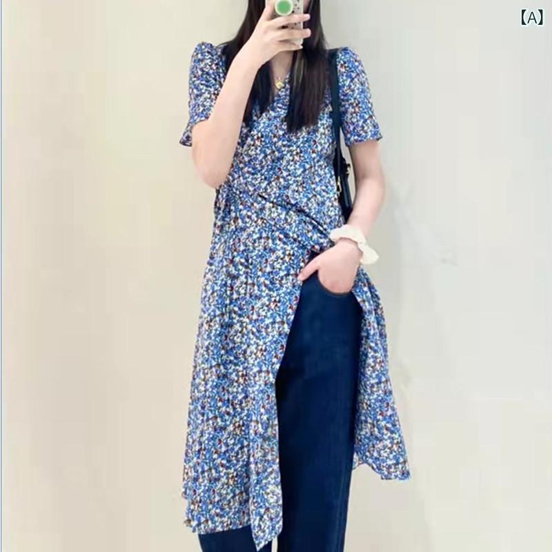 ワンピース レディース 花柄 小花柄 半袖 ロング丈 コットン混 パフスリーブ Vネック ハイウエスト リボン 華奢見え 着痩せ お出かけ デート カジュアル ナチュラル 春夏