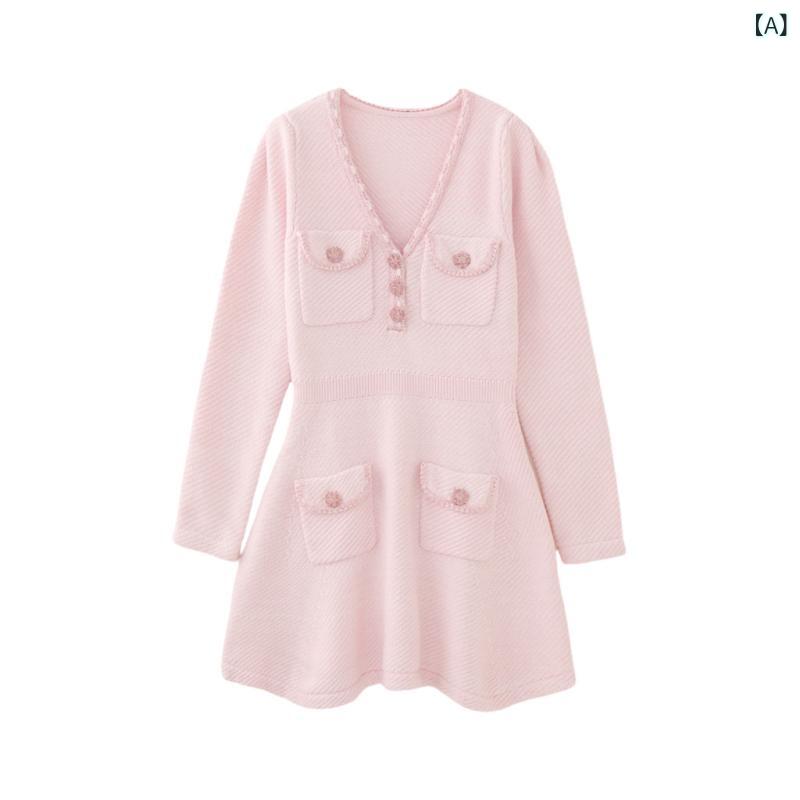 ニットワンピース レディース Vネック 長袖 タイト ミニ丈 ひざ上丈 シンプル 無地 ニットドレス 着回し ニットワンピ 重ね着 コーデしやすい