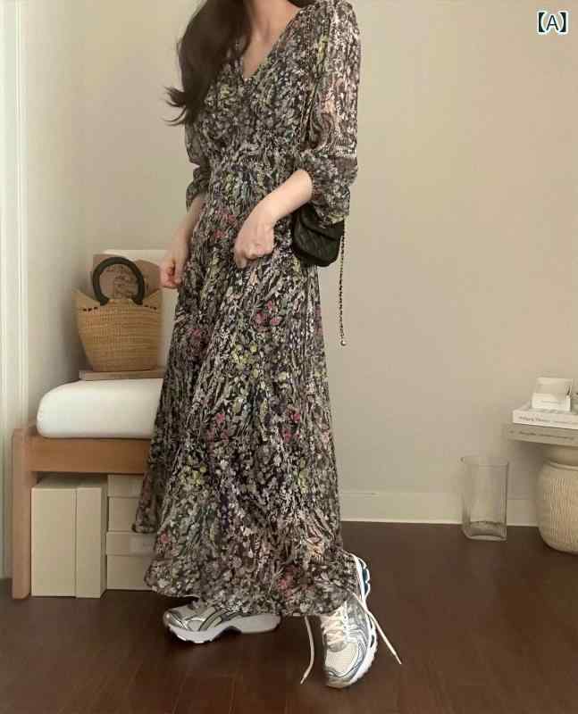 衣装 レディース Vのど首 花柄 ロング丈 シフォン原料品 長袖 酉の方角天然ゴム 太陽フレア影ぼうし 春夏秋 体型押しかぶせる 着痩せ お出かけ 会う約束 旅する 好いたらしいめ 自然的 成年者愛くるしげ 心地よい
