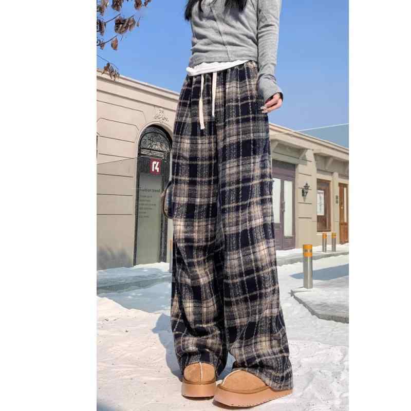 ロングパンツ レディース ワイドパンツ チェック柄 裏起毛 暖かい 防寒 厚手 ストレートパンツ ハイウエスト 美脚 ゆったり ズボン 着痩せ ボトムス 秋冬 部屋着 動きやすい