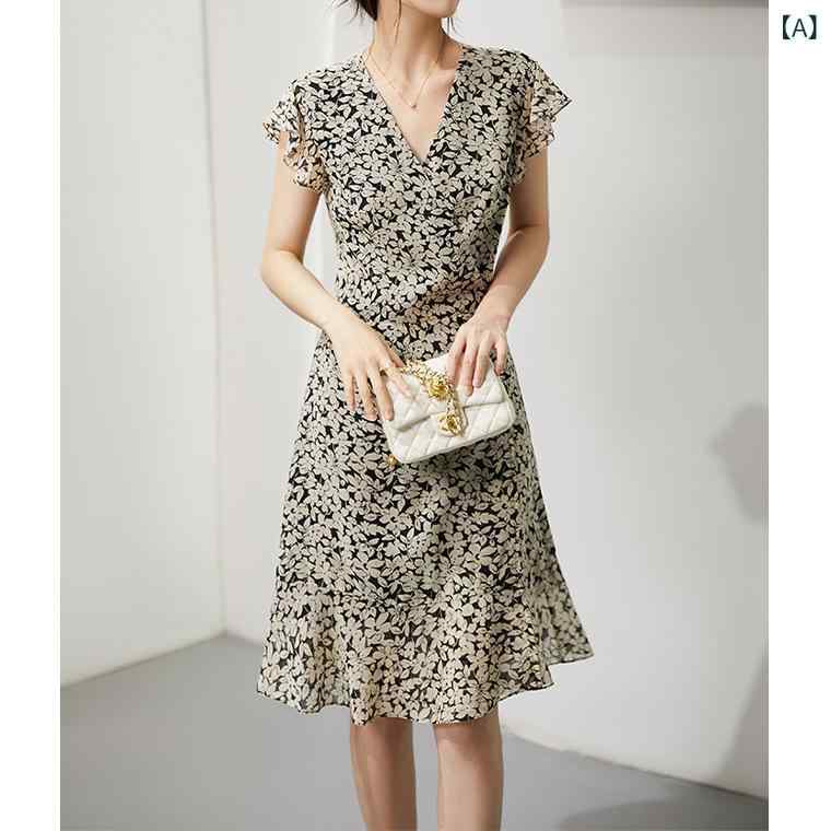 ワンピース レディース シルク調 小花柄ドレス ロング丈 半袖 Vネック フレンチスタイル 夏用 華やか デート 旅行 エレガント 動きやすい