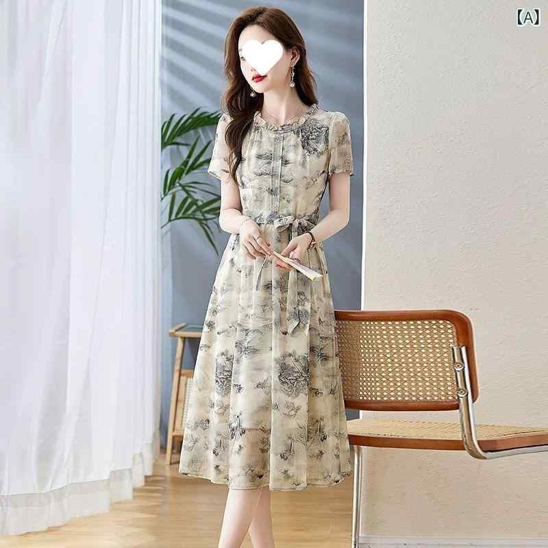 ワンピース レディース シフォンワンピース 花柄 ロング丈 半袖 パフスリーブ Vネック ハイウエスト Aライン 体型カバー 涼しい 軽い お出かけ 普段着 旅行 デート リゾート