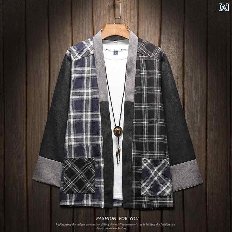 和装シャツ メンズ トップス 七分袖 漢服風 格子柄 切替 羽織り風 和服テイスト カジュアルシャツ 通気性 動きやすい ゆったりサイズ 涼しい 夏用 おしゃれ 普段着 サマーシャツ 紳士服