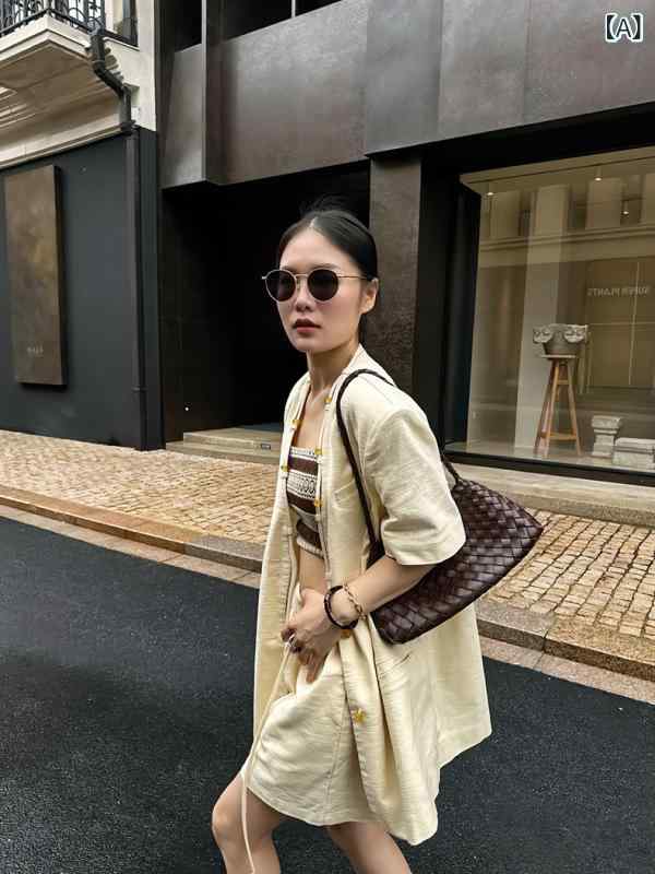 テーラードジャケット レディース 半袖 シャツ カーディガン ラミー素材 麻混 羽織り トップス クルーネック 通気性 涼しい ライトアウター ボタン留め ゆったり カジュアル オフィス 通勤 薄手 冷房対策 軽量