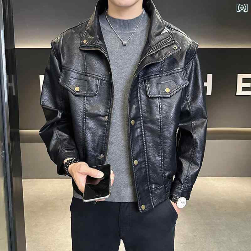 レザージャケット メンズ ライダースジャケット フェイクレザー 合皮 立ち襟 アウター 防風 防寒 ジップアップ スタンドカラー バイカー バイク用 バイクウェア シンプル 通勤 通学 動きやすい