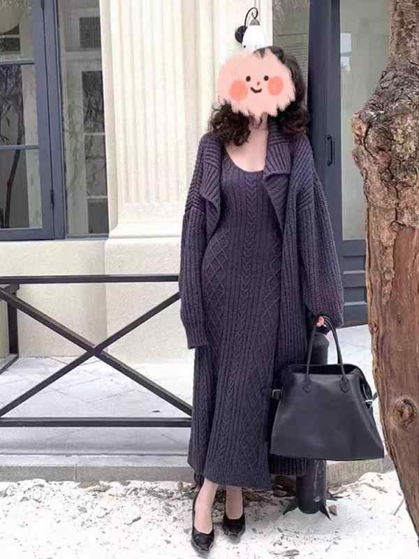 ニットワンピース レディース アンサンブル カーディガン 長袖 ロング丈 セットアップ 秋冬服 重ね着 暖かい 柔らかい 伸縮性 防寒 普段着 お出かけ デート 旅行 ゆったり シルエット 着回ししやすい