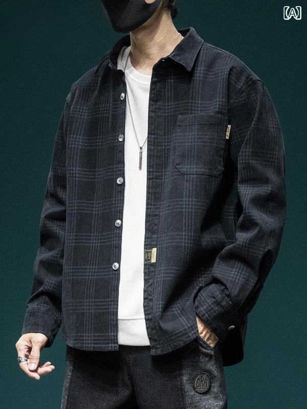 シャツ メンズ 長袖 カジュアルシャツ ワークシャツ コットン混 無地 羽織り 厚手 ボタンダウン ゆったりめ 体型カバー 動きやすい 秋服 重ね着 トップス 通学 通勤