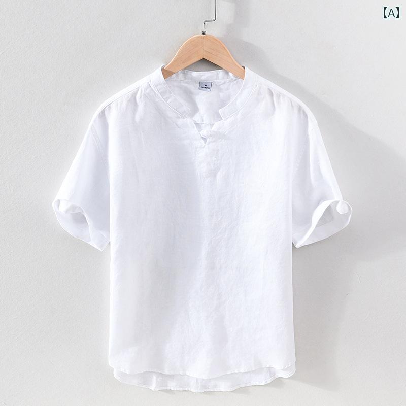 プルオーバー メンズ 立領 半袖 心地よい リネン原料品 瀬戸もの名取り草 トップス 夏服 軽さ 通気性 ゆったり 今めかしい 伸び伸びする 体型押しかぶせる 無地 分かりやすい 成人男性用 自然的風 冷やりとした 好いたらしい着心地 日常着