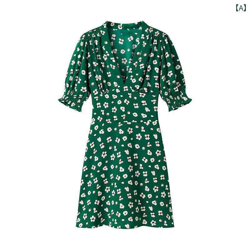 ワンピース レディース 花柄 Vネック パフスリーブ 半袖 ロング丈 レトロ クラシック 上品 シルエット きれいめ お出かけ デート 体型カバー 動きやすい 華やか 普段着 デイリー カジュアル