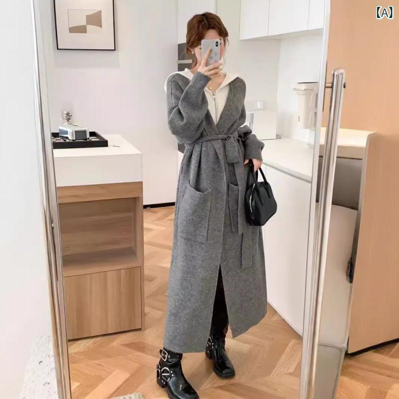 ニットコート レディース ロング丈 フード付き カーディガン 羽織り 厚手 配色切り替え ボタンレス ゆったり 体型カバー 長袖 重ね着風 秋冬 アウター 防寒 羽織りやすい｜mandarino