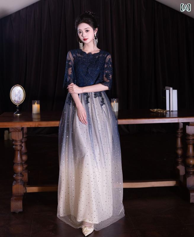 ワンピース レディース ドレス ロング丈 レース 切り替え グラデーション パーティードレス Aライン 半袖 フォーマル 結婚式 二次会 お呼ばれ 演奏会 発表会 華やか 収納しやすい 動きやすい