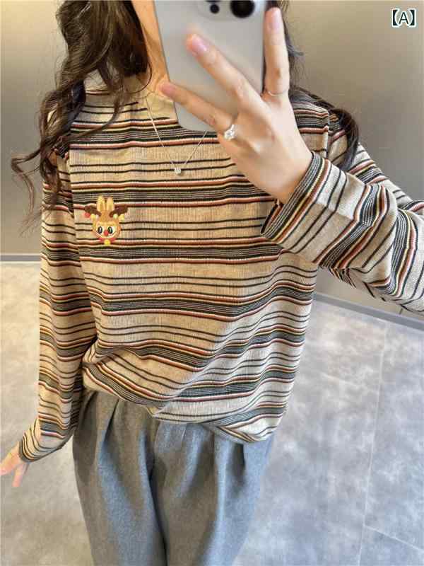 トレーナー レディース 長袖 プルオーバー 刺繍入り ストライプ ゆったり カジュアル トップス ラウンドネック ドロップショルダー 体型カバー 重ね着風 春秋 シンプル 動きやすい 通勤 通学 デイリー