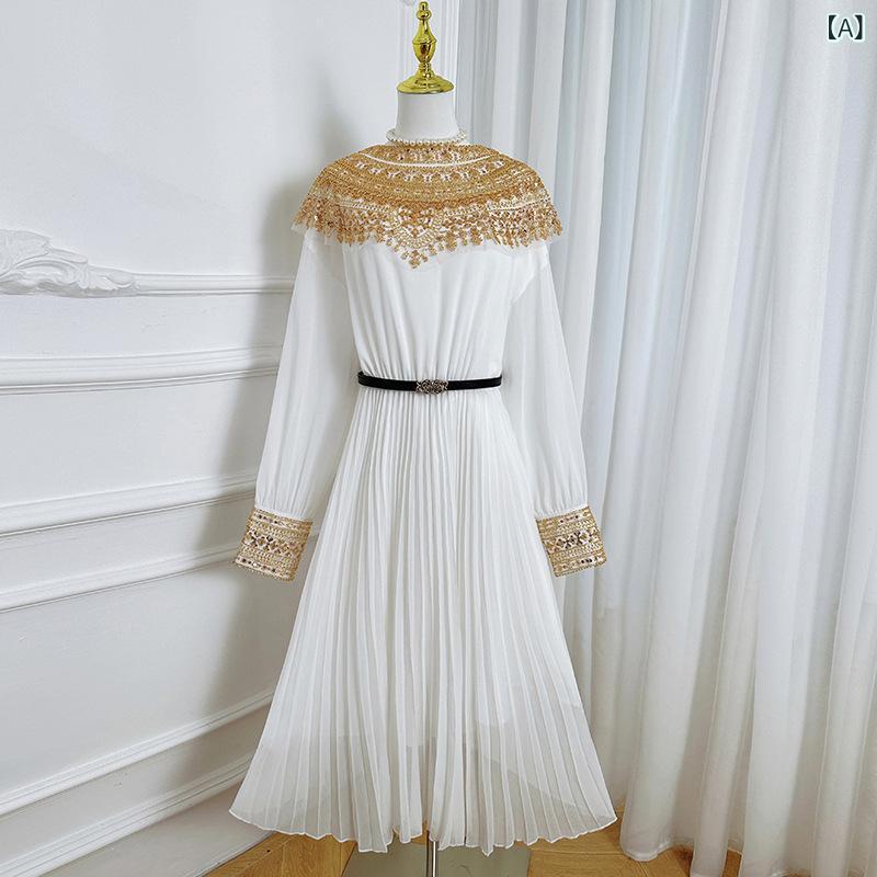 ワンピース レディース ドレス ロング丈 長袖 刺繍 ビジュー装飾 プリーツスカート ウエストシェイプ パーティー 結婚式 二次会 フォーマル 発表会 演奏会 上品 きれいめ 動きやすい